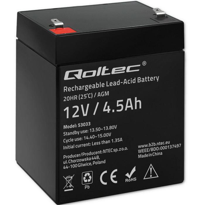 Baterie acumulator Qoltec AGM 12V 4.5Ah, design robust si sigiliu ermetic, fara intretinere, performanta superioara.